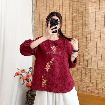 2023 nové dámské čínský květ vyšívané halenka polovina rukáv bavlna kulatý límec volné styl národní styl letní tričko top 