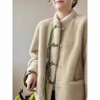 2024 podzim/zima nové zahuštěný kabát dámské čínský stojící límec retro etnický styl dlouhý rukáv národní styl tlačítko top