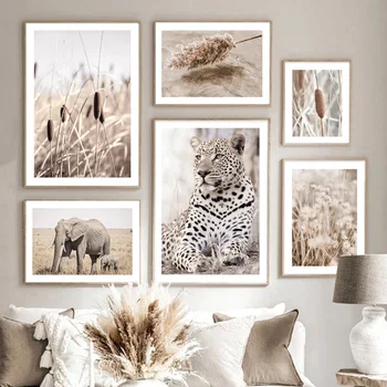 Béžová Přírodní Květina Rostlina Rákos Leopard Lev Wall Art Malířské Plátno Plakáty A Tisky Zeď Obrázky Pro Obývací Pokoj Dekor