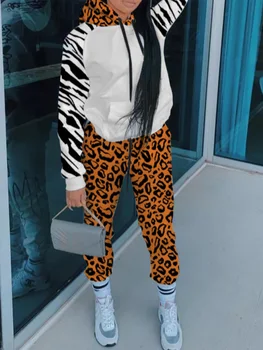 LW Mikina Sad Leopard Tisk Klokaní Kapsa Stahovací Tepláky Set Dámské Podzim Zima 2KS Zebra s Kapucí A Trendy Kalhoty