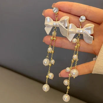 Módní Faux Pearl Luk Náušnice Sladké Elegantní perličkové Třásně Náušnice pro Ženy, Dívky, Svatební Party Šperky