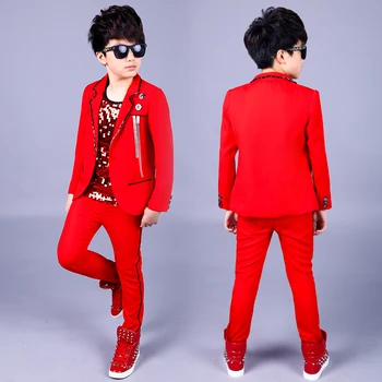 Módní Nový Kluk' Red Formální Šaty Obleky Party Hostitel přehlídky scénického Tance Kostýmy pro Děti Drum Výkon Oblek