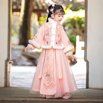 Retro Zimní Nové Teplé Embroiderd Holka je Hanfu Čínské Tradice Svatební Květina Dívka Šaty Krásné Děti 2024 Nový Rok Oblečení