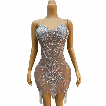 Sexy Lesklé Stříbrné Kamínky, Řetězy Průhledné Šaty Večerní Narozeninovou Oslavu Protáhnout Oblečení Krystaly Photoshoot Šaty