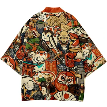 Streetwear Svetr Demon Samurai Cat Print Oblečení Tradiční kimono Žena Muž Japonské Harajuku beach yukata top