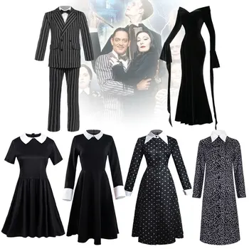 Středa Addams Family Cosplay Kostým Addams Tisk Šaty, Paruky Děti, Ženy, Vintage Gothic Gomez Obleky Oblečení Halloween