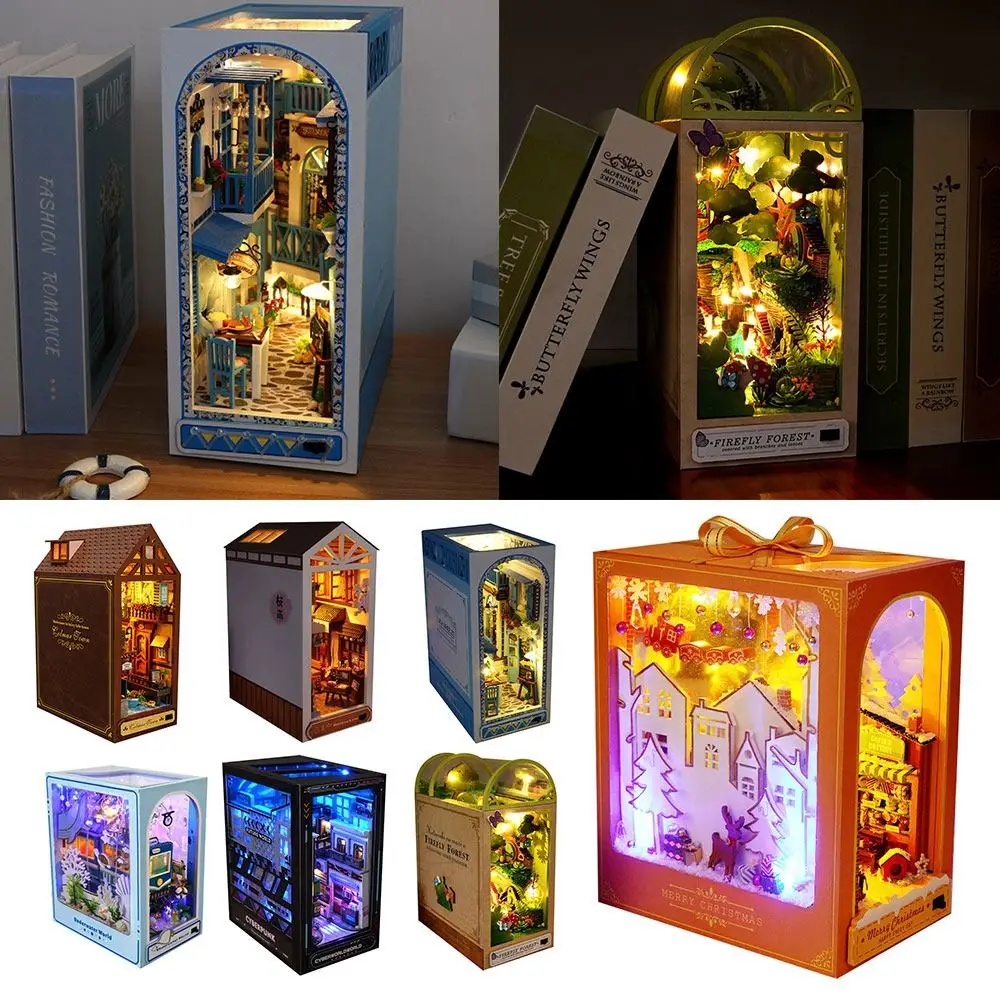 DIY Book Nook Stavebnice, 3D Dřevěné Puzzle Regál-li Vložit Dekor s LED Světlem, DIY Miniaturní Domeček pro panenky Stavebnice