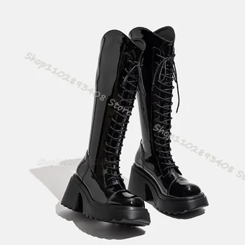 Černé Patent Kožené šněrovací Boty Platforma Zadní Zip Robustní Podpatky Boty Punk Styl Módní Ženy Boty Zapatos Para Mujere